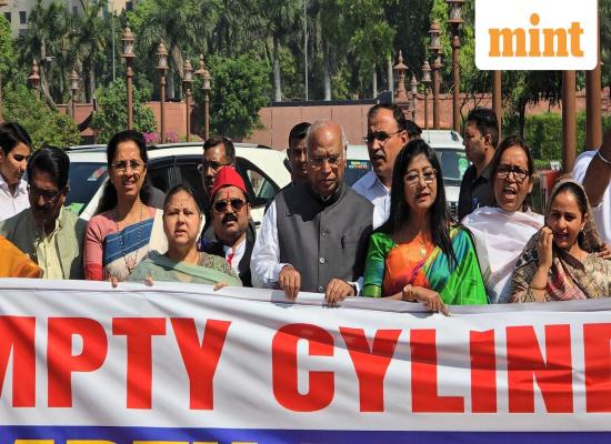 Watch Video: Oppn MPs protest in Parliament House complex over 'LPG supply crunch' - ‘empty cylinders, empty promise’